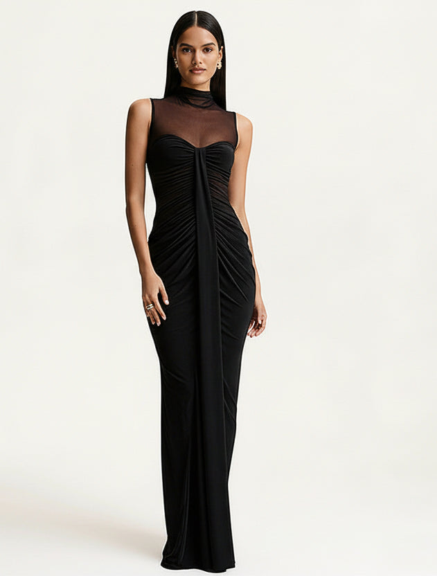 Rosalind | Women's Mesh High Neck Wedding Guest Dress with Ruching