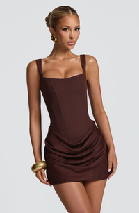Delphine | Women's Corset Wedding Guest Dress with Draped Skirt