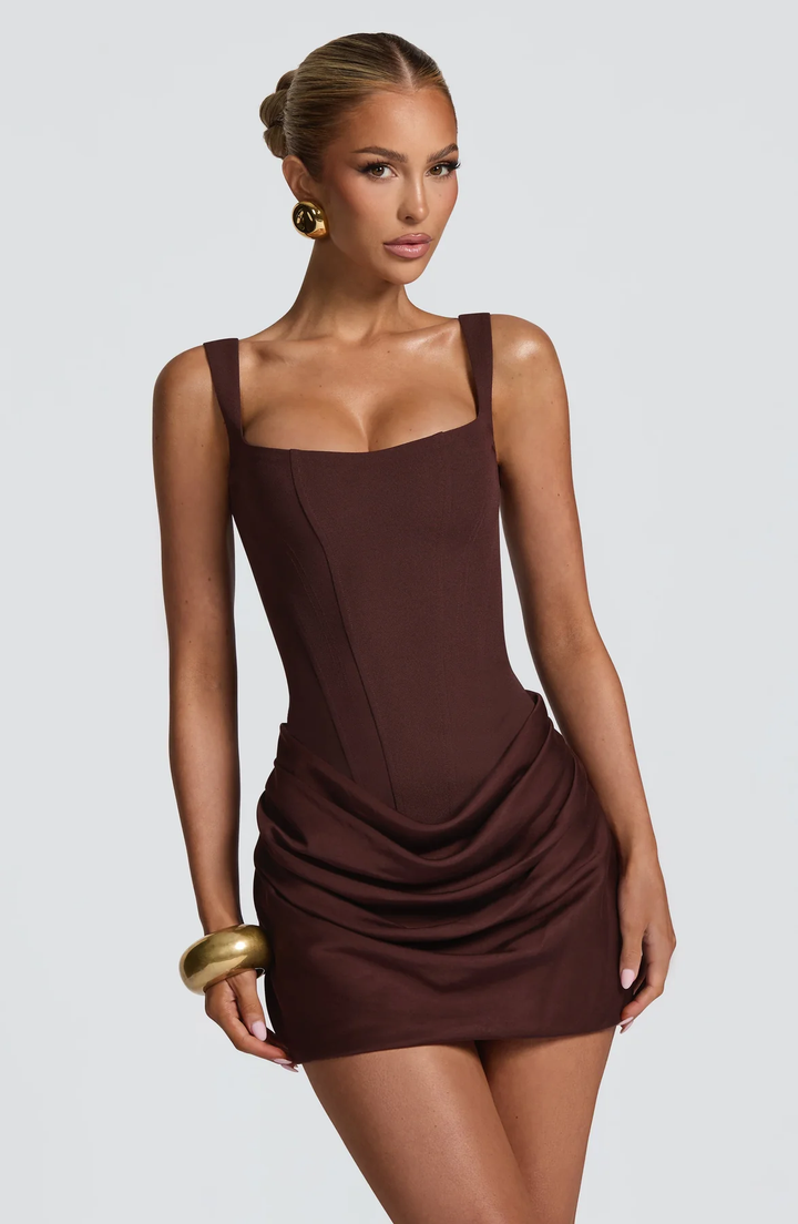Delphine | Women's Corset Wedding Guest Dress with Draped Skirt