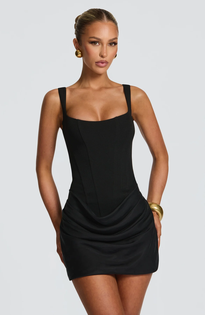 Delphine | Women's Corset Wedding Guest Dress with Draped Skirt