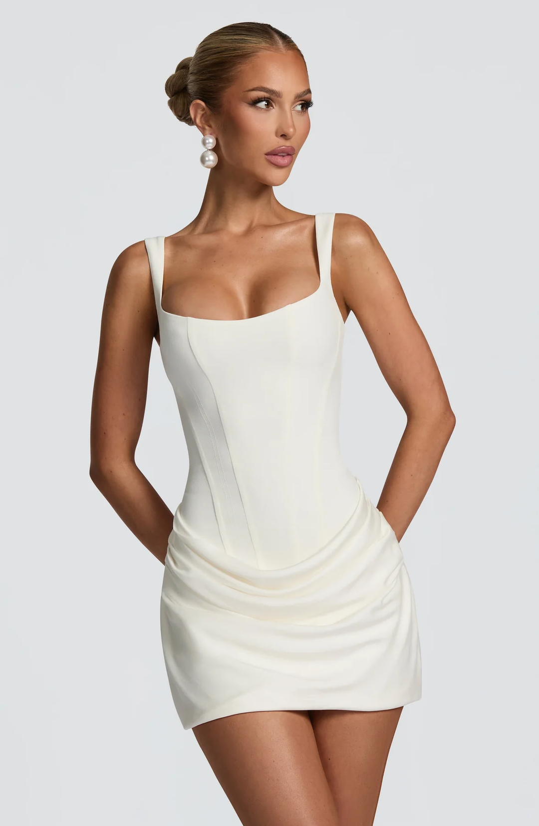 Delphine | Women's Corset Wedding Guest Dress with Draped Skirt