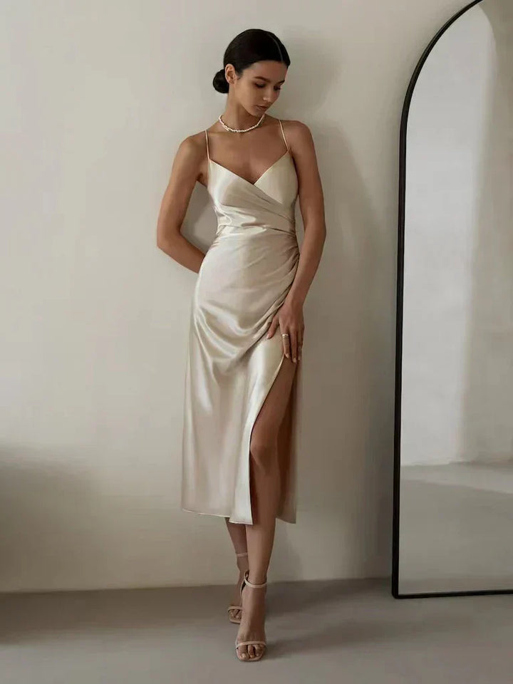 Marisol | Women's Satin Wrap Wedding Guest Dress with Side Slit