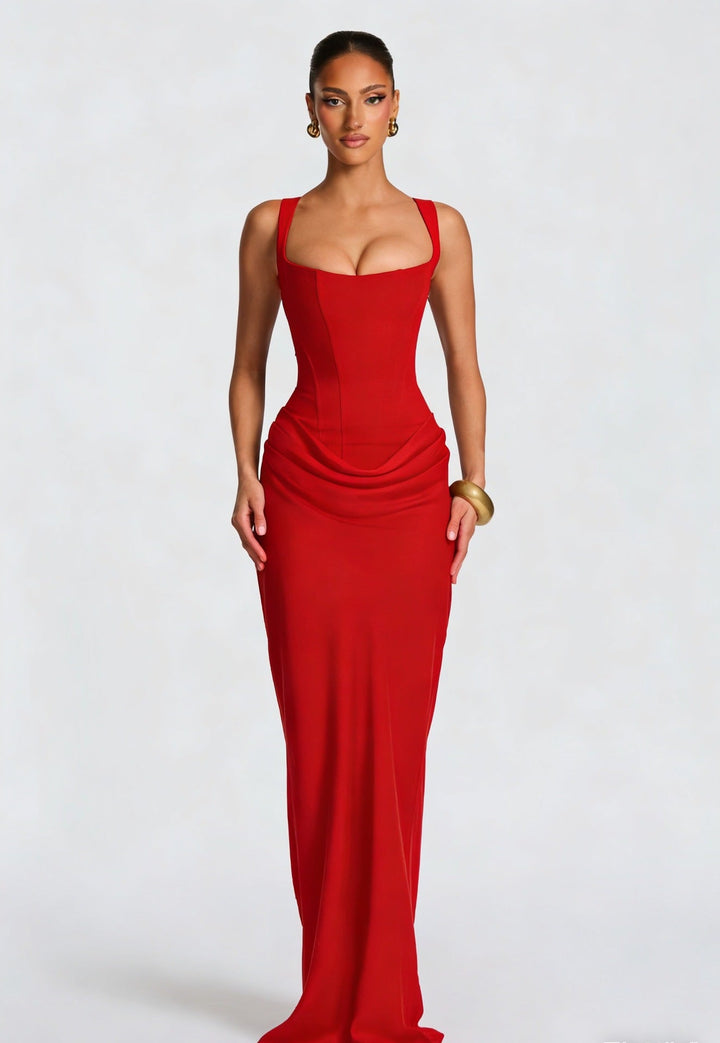 Valentina | Women's Square Neck Wedding Guest Dress with Cowl Drape