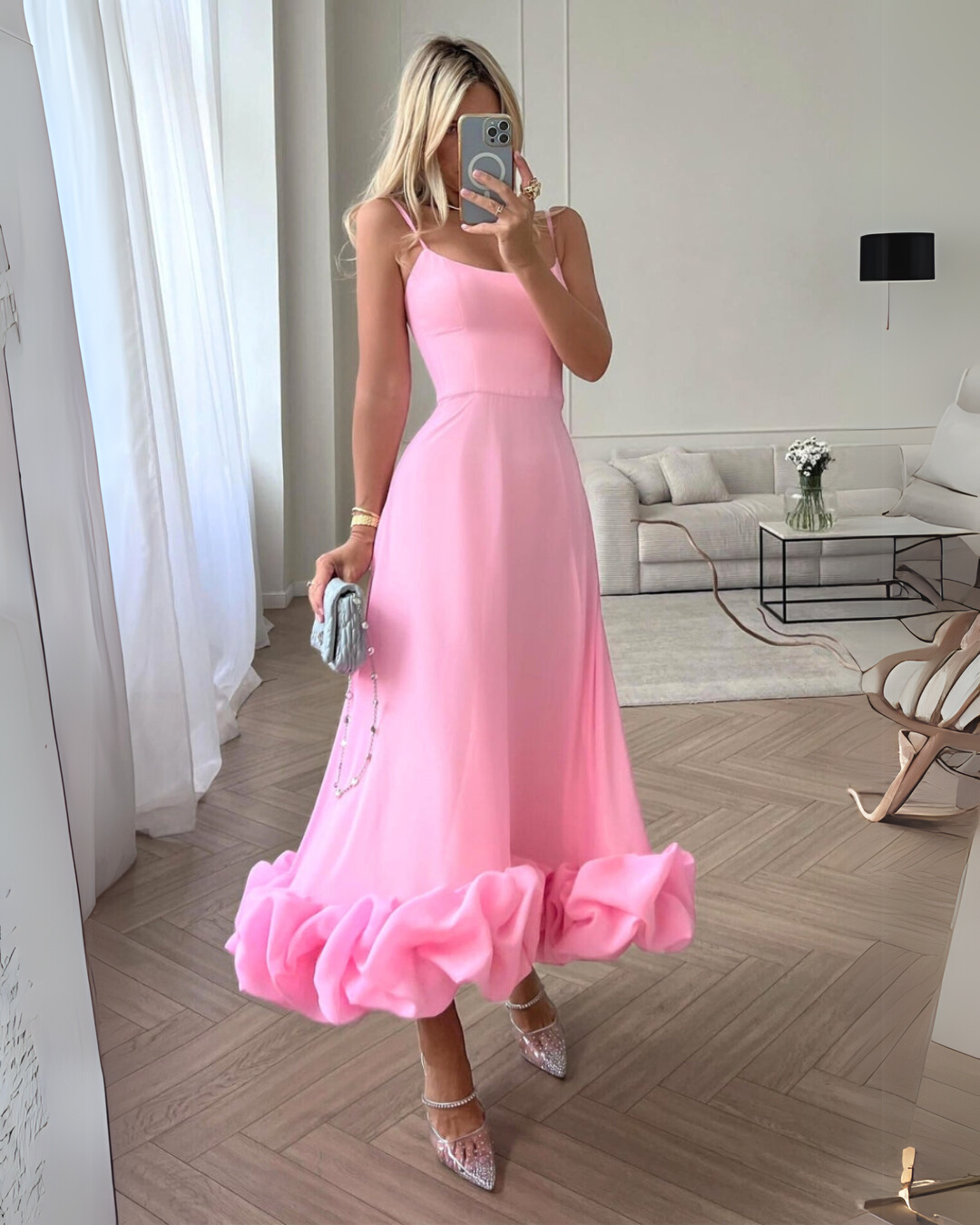 Camille | Women's Spaghetti Strap Wedding Guest Dress with Ruffle Hem