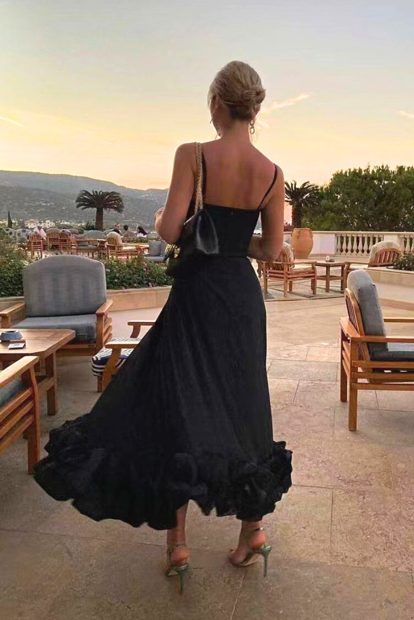 Camille | Women's Spaghetti Strap Wedding Guest Dress with Ruffle Hem