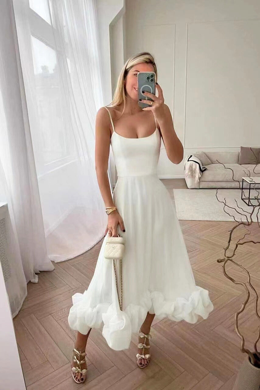 Camille | Women's Spaghetti Strap Wedding Guest Dress with Ruffle Hem