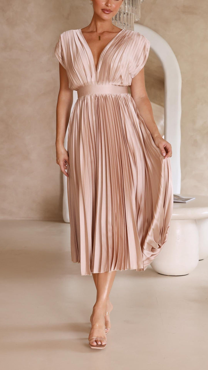 Adalyn | Women's Pleated V Neck Wedding Guest Dress with Cap Sleeve