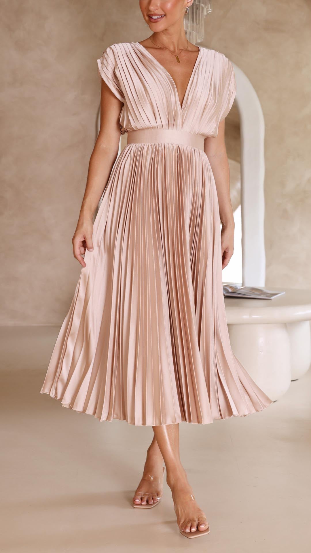Adalyn | Women's Pleated V Neck Wedding Guest Dress with Cap Sleeve