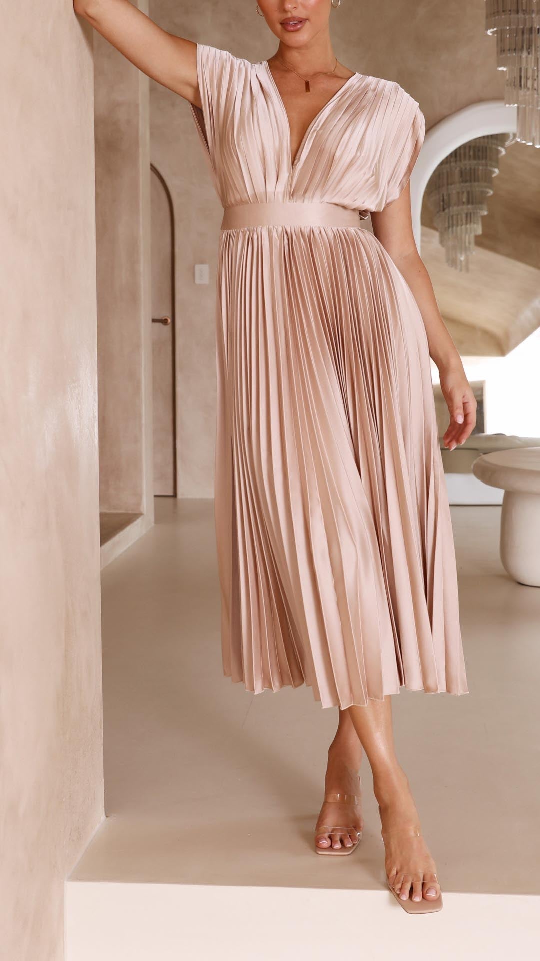 Adalyn | Women's Pleated V Neck Wedding Guest Dress with Cap Sleeve