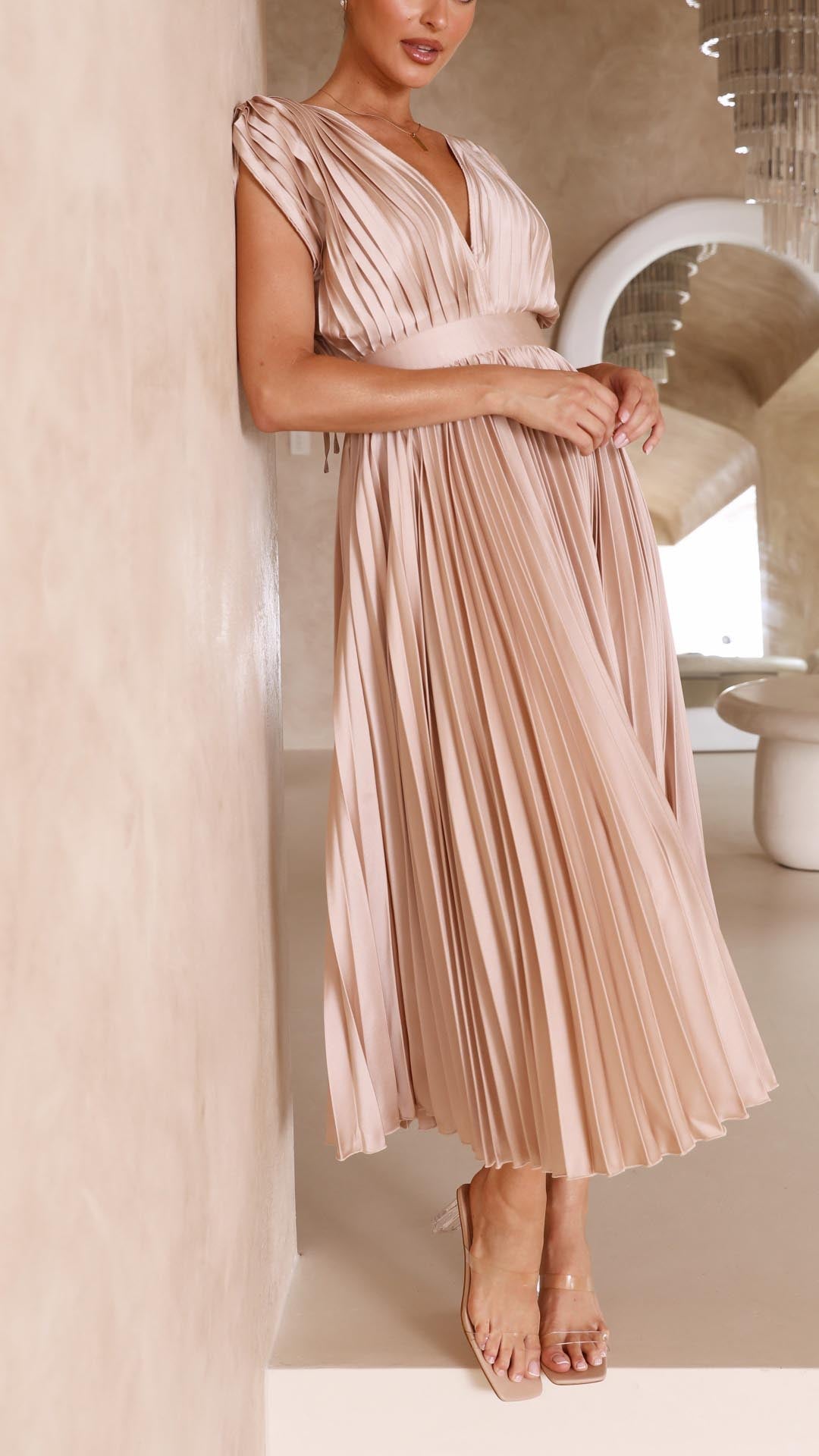 Adalyn | Women's Pleated V Neck Wedding Guest Dress with Cap Sleeve