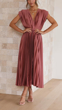 Adalyn | Women's Pleated V Neck Wedding Guest Dress with Cap Sleeve