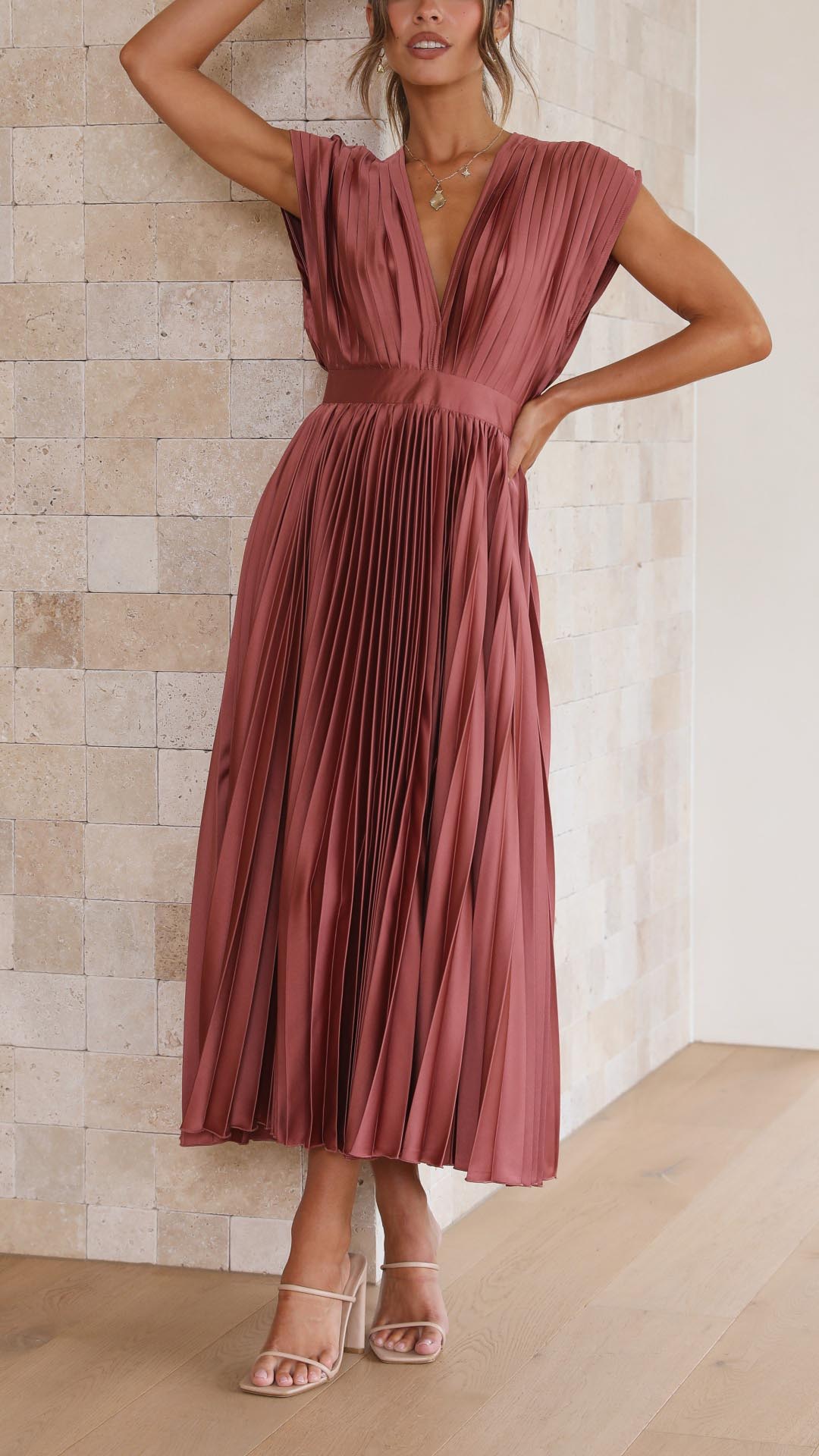 Adalyn | Women's Pleated V Neck Wedding Guest Dress with Cap Sleeve
