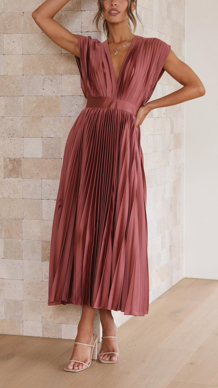 Adalyn | Women's Pleated V Neck Wedding Guest Dress with Cap Sleeve