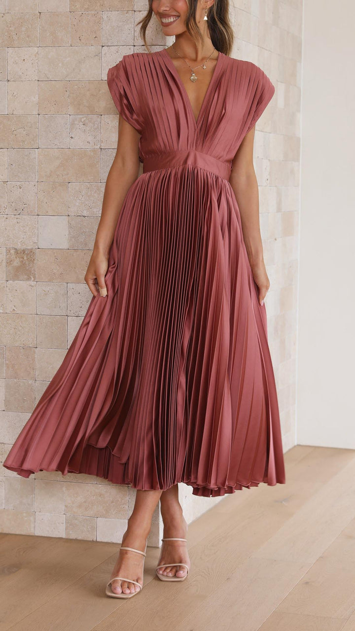 Adalyn | Women's Pleated V Neck Wedding Guest Dress with Cap Sleeve