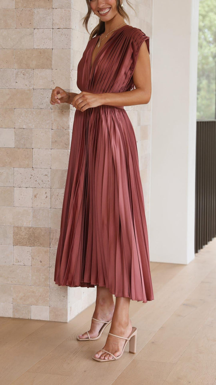 Adalyn | Women's Pleated V Neck Wedding Guest Dress with Cap Sleeve