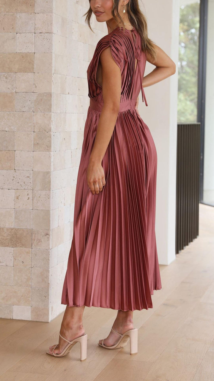 Adalyn | Women's Pleated V Neck Wedding Guest Dress with Cap Sleeve