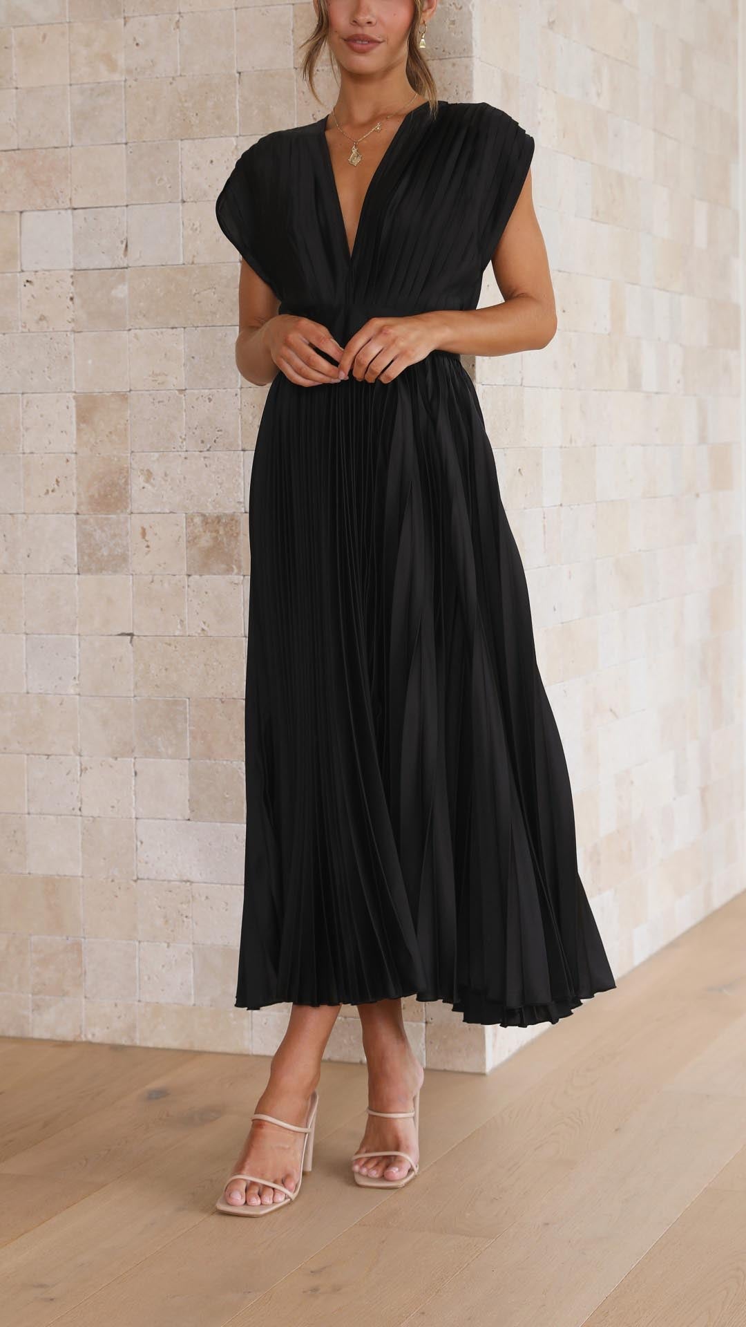 Adalyn | Women's Pleated V Neck Wedding Guest Dress with Cap Sleeve