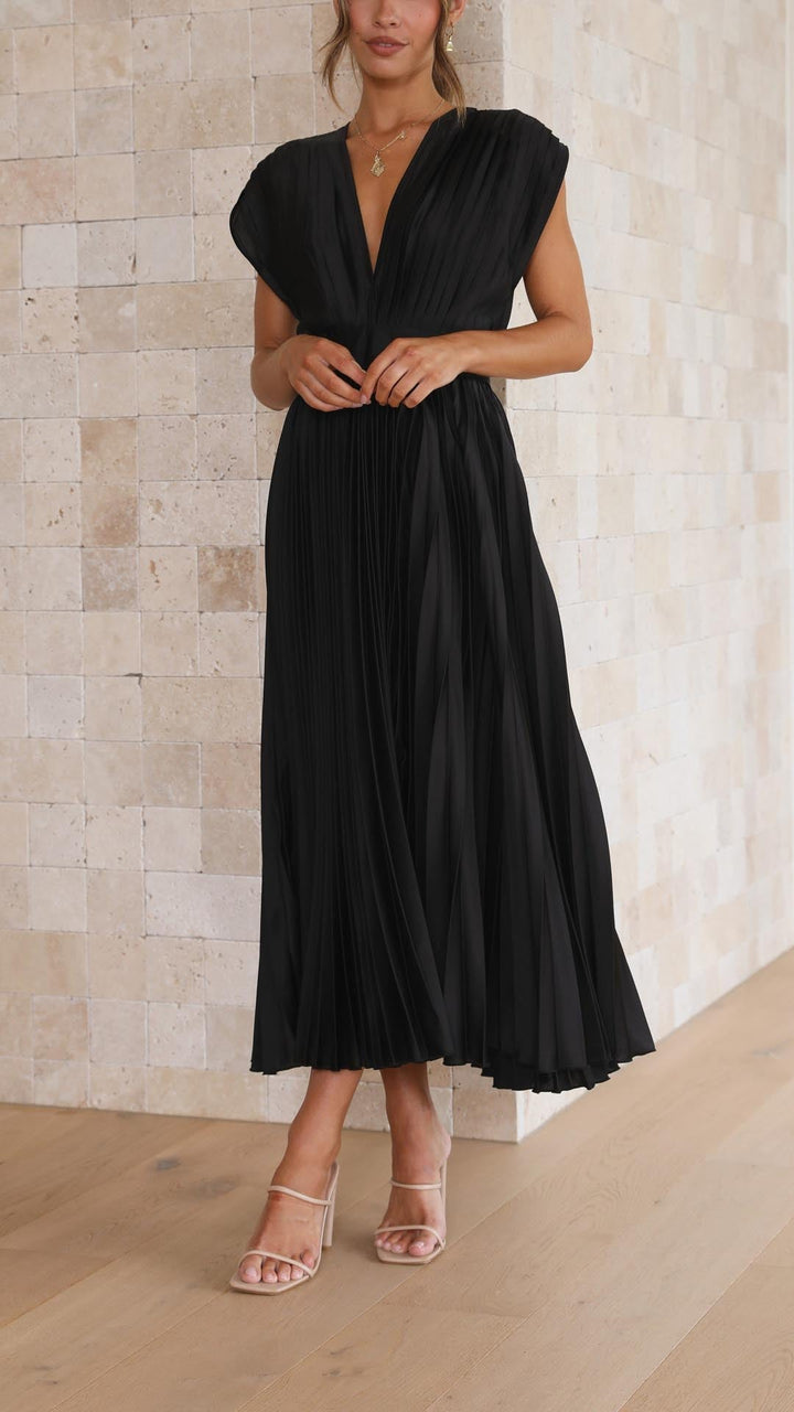 Adalyn | Women's Pleated V Neck Wedding Guest Dress with Cap Sleeve