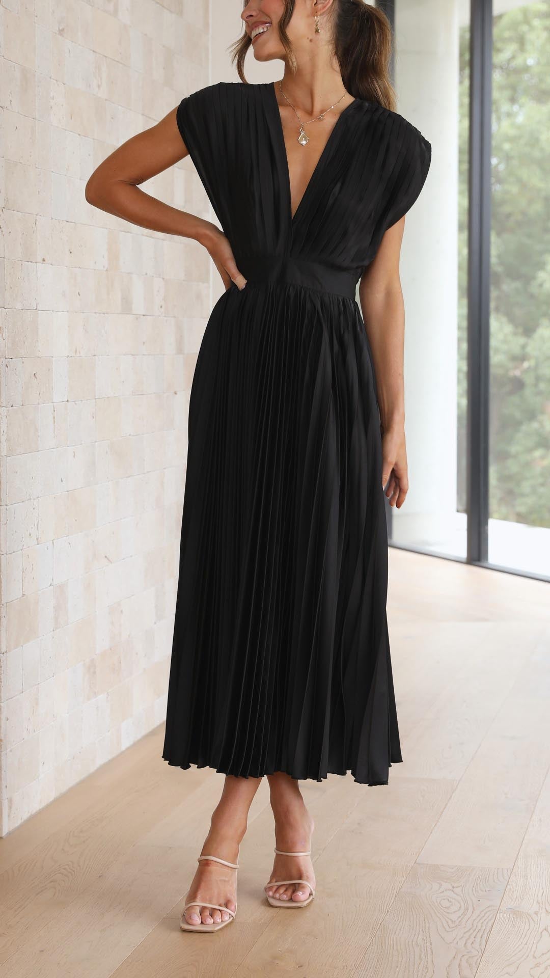 Adalyn | Women's Pleated V Neck Wedding Guest Dress with Cap Sleeve