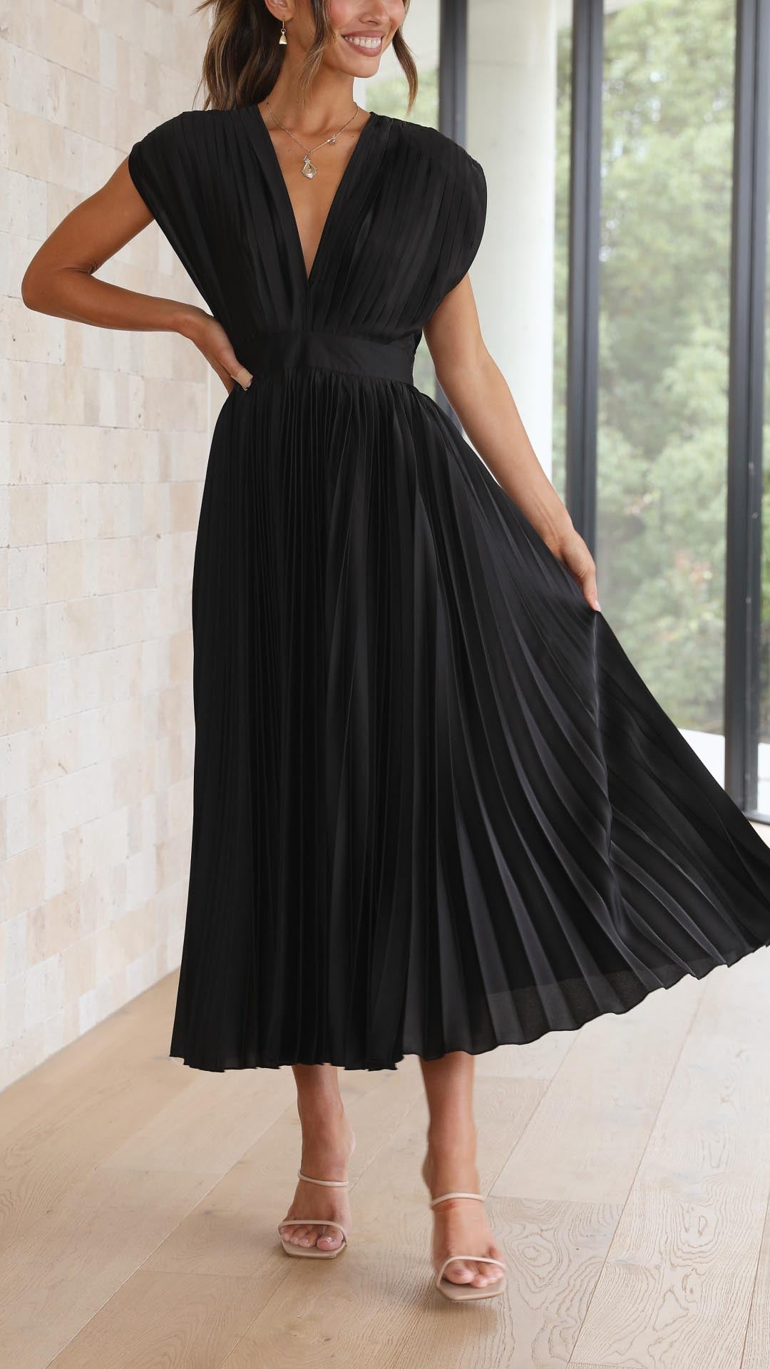 Adalyn | Women's Pleated V Neck Wedding Guest Dress with Cap Sleeve