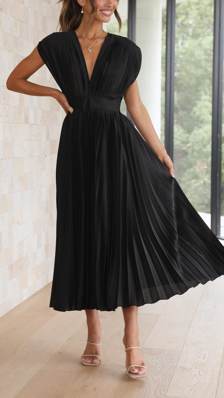 Adalyn | Women's Pleated V Neck Wedding Guest Dress with Cap Sleeve