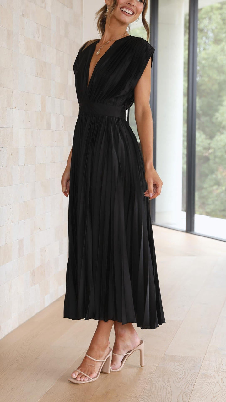 Adalyn | Women's Pleated V Neck Wedding Guest Dress with Cap Sleeve