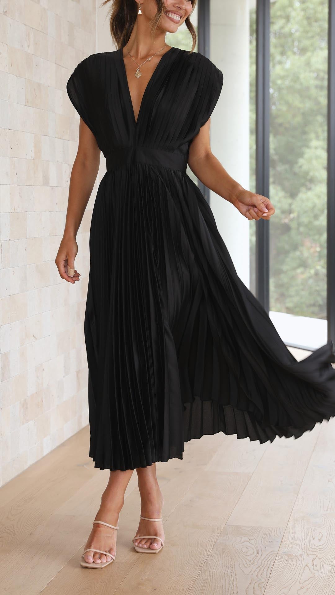 Adalyn | Women's Pleated V Neck Wedding Guest Dress with Cap Sleeve