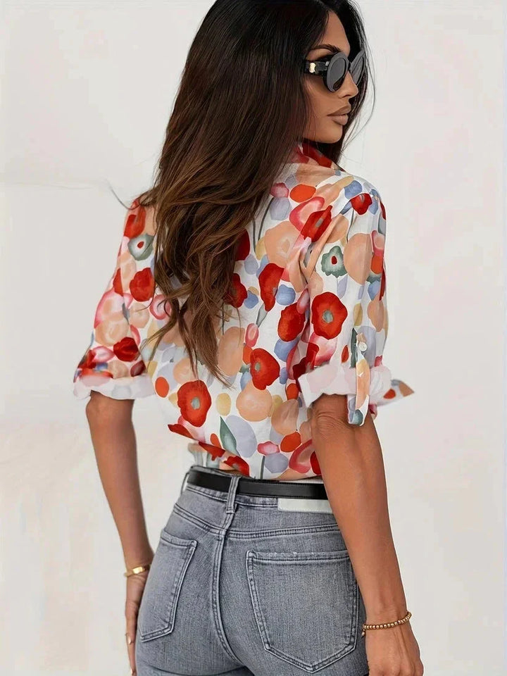 Rosalind | Women's Printed V-neck Blouse Floral Statement Top