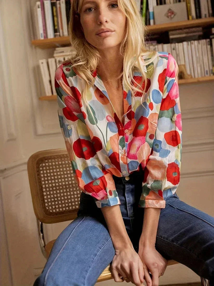 Rosalind | Women's Printed V-neck Blouse Floral Statement Top