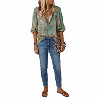 Wren | Women's Printed V-Neck Blouse with Vintage Botanical Sketch Design