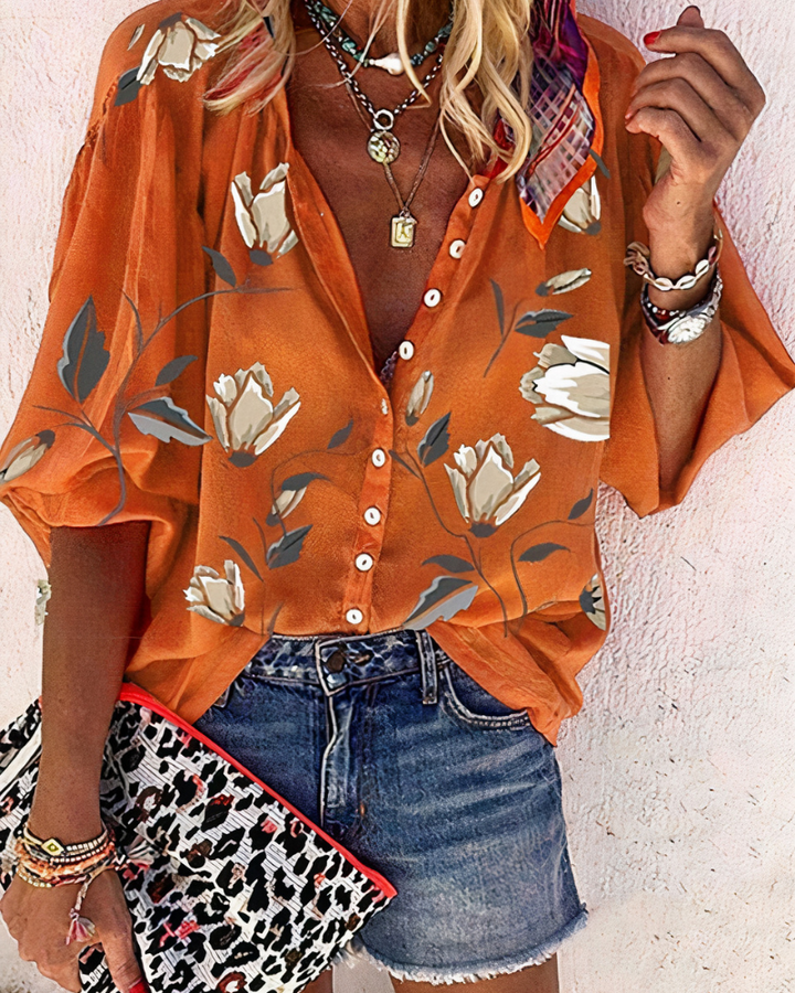 Genevieve | Women's Printed V-neck Blouse Watercolor Floral Top