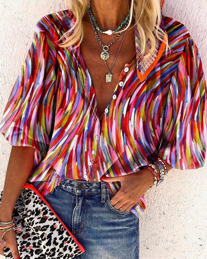 Genevieve | Women's Printed V-neck Blouse Watercolor Floral Top