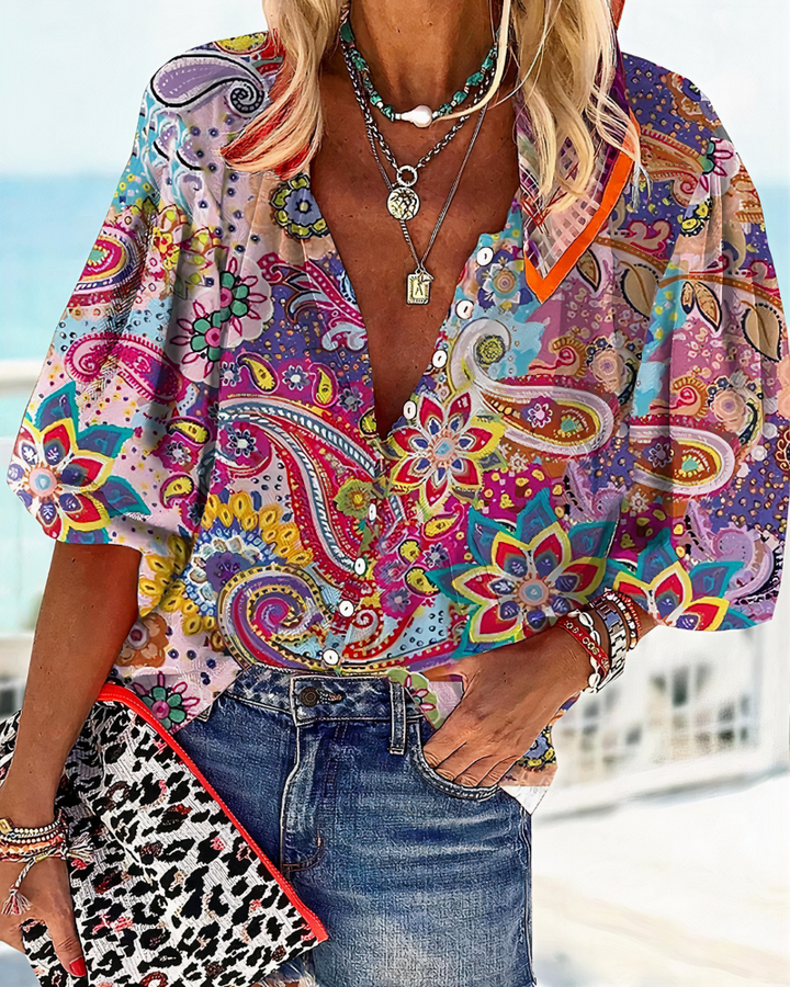 Genevieve | Women's Printed V-neck Blouse Watercolor Floral Top