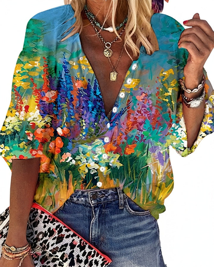 Genevieve | Women's Printed V-neck Blouse Watercolor Floral Top