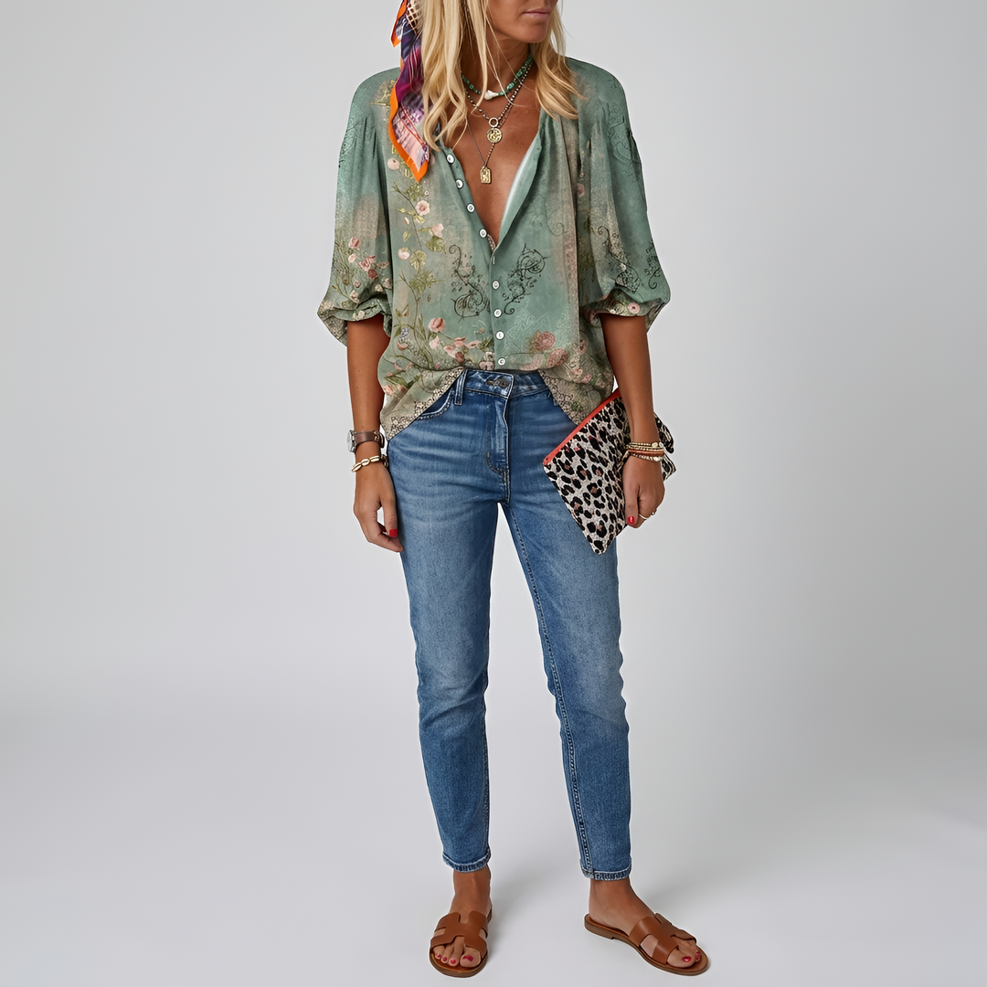 Wren | Women's Printed V-Neck Blouse with Vintage Botanical Sketch Design