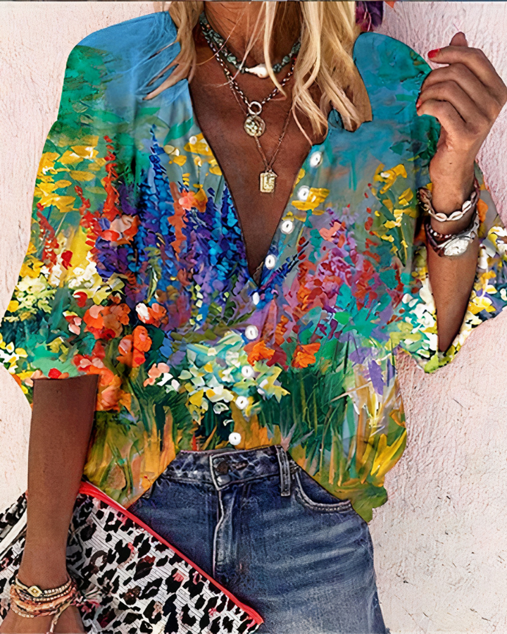 Genevieve | Women's Printed V-neck Blouse Watercolor Floral Top