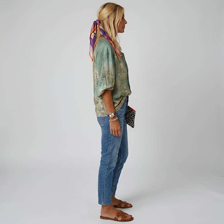 Wren | Women's Printed V-Neck Blouse with Vintage Botanical Sketch Design