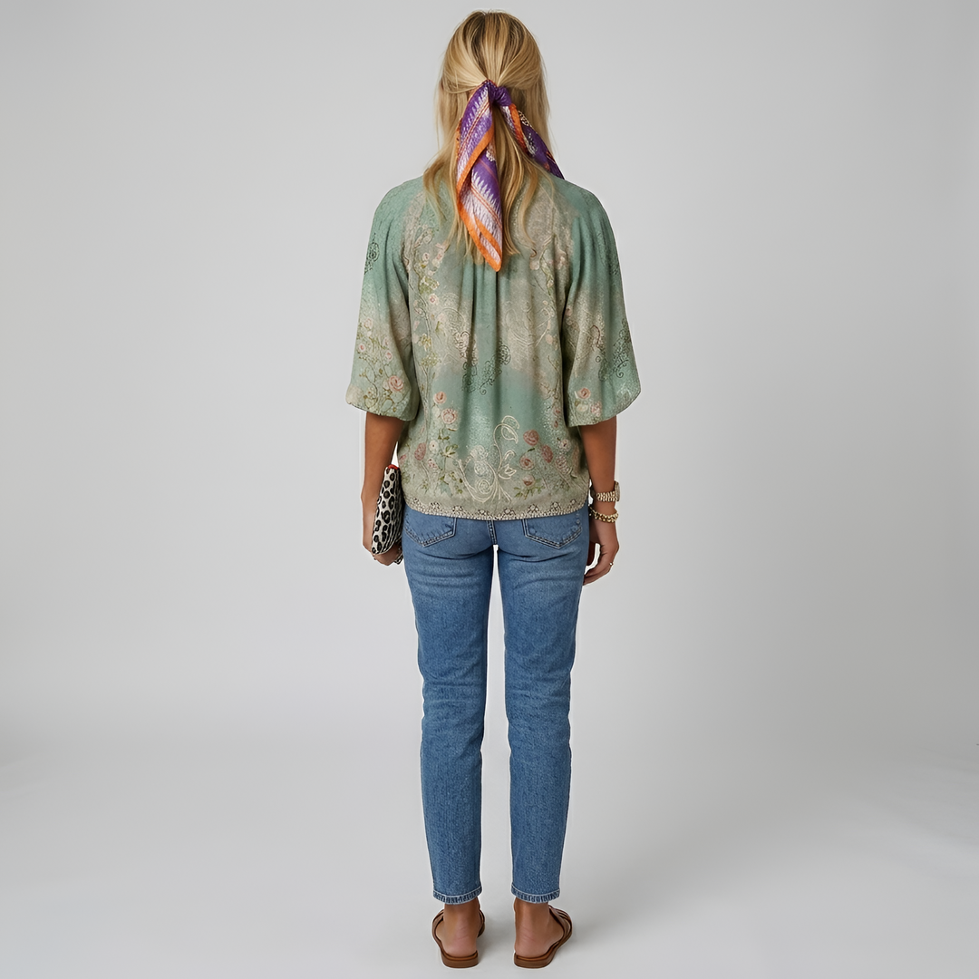 Wren | Women's Printed V-Neck Blouse with Vintage Botanical Sketch Design