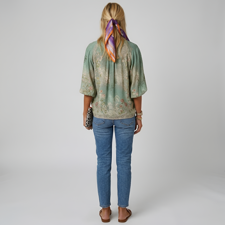 Wren | Women's Printed V-Neck Blouse with Vintage Botanical Sketch Design