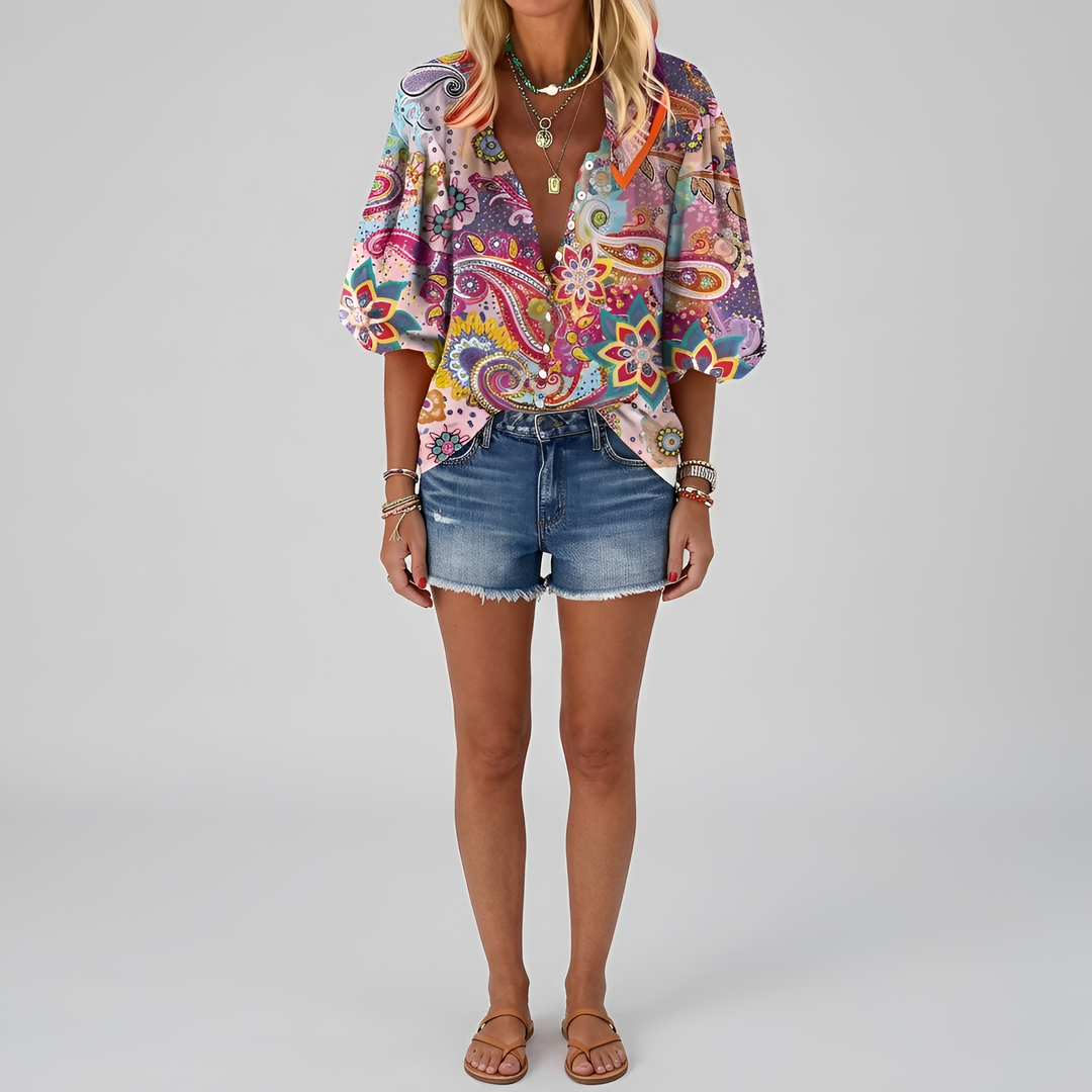 Wren | Women's Printed V-Neck Blouse with Vintage Botanical Sketch Design