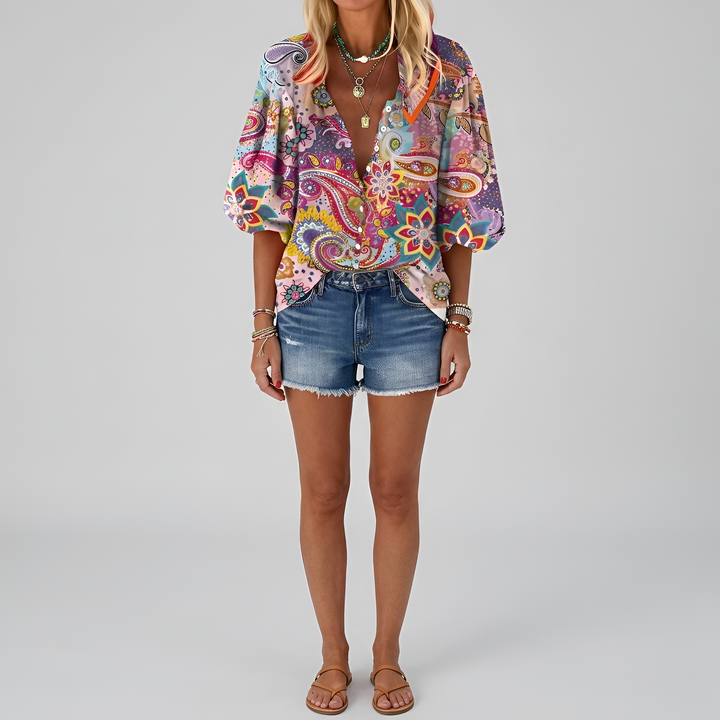 Wren | Women's Printed V-Neck Blouse with Vintage Botanical Sketch Design