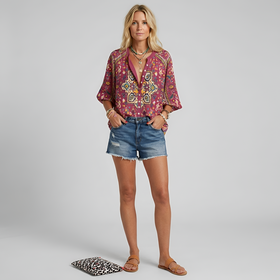 Wren | Women's Printed V-Neck Blouse with Vintage Botanical Sketch Design