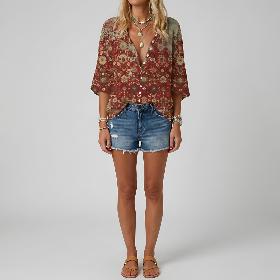 Wren | Women's Printed V-Neck Blouse with Vintage Botanical Sketch Design