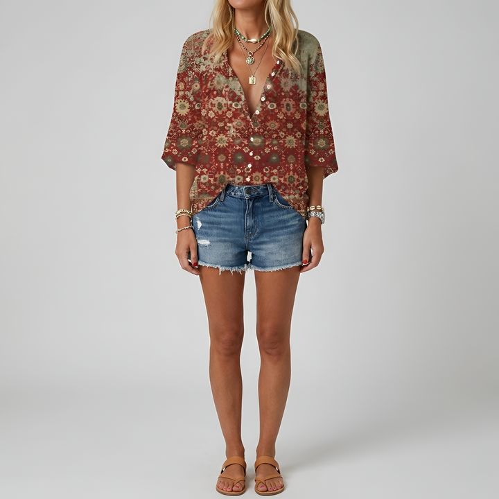 Wren | Women's Printed V-Neck Blouse with Vintage Botanical Sketch Design