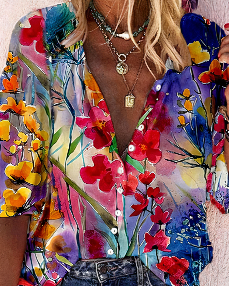 Genevieve | Women's Printed V-neck Blouse Watercolor Floral Top