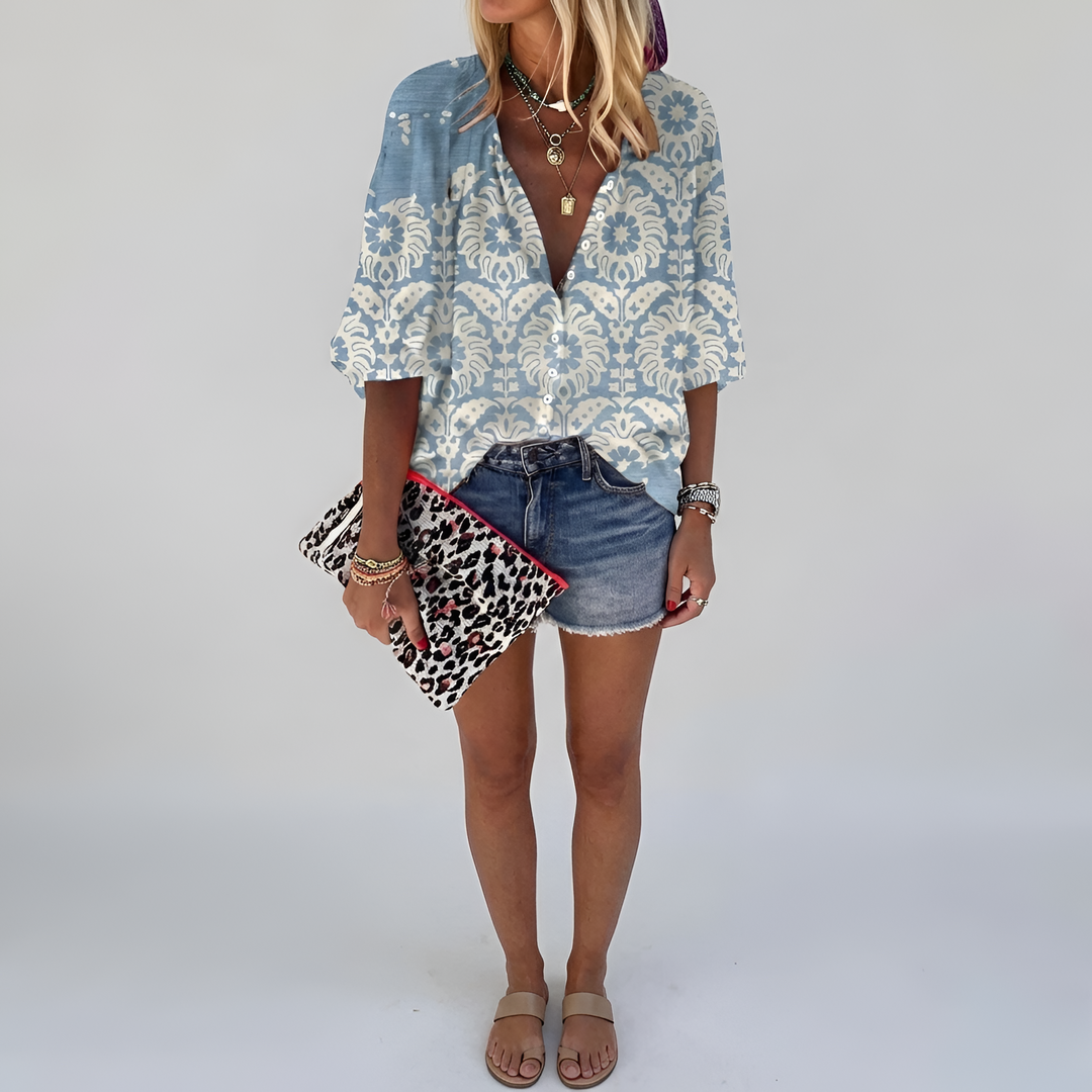 Wren | Women's Printed V-Neck Blouse with Vintage Botanical Sketch Design