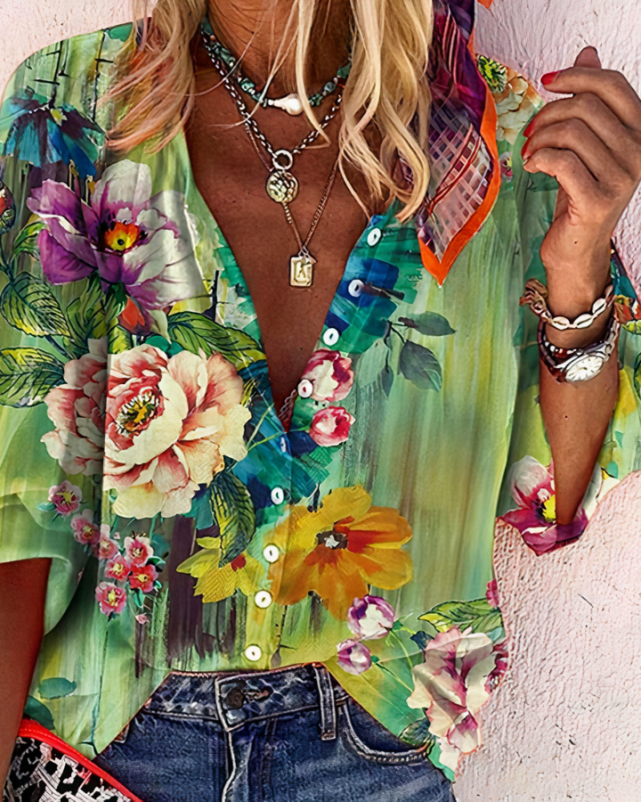 Genevieve | Women's Printed V-neck Blouse Watercolor Floral Top