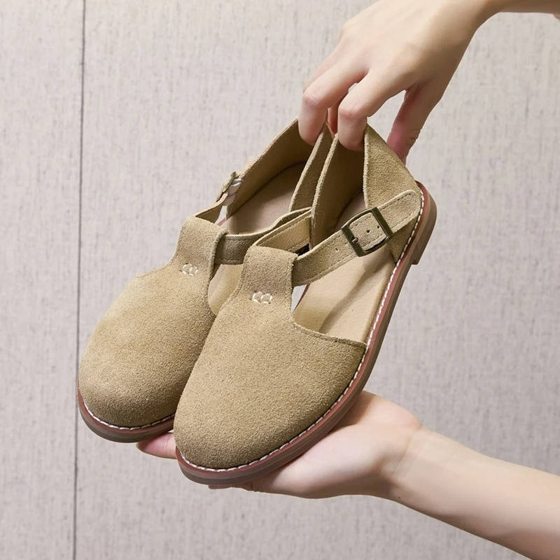 Darcy | Suede T-Bar Cutout Buckle Orthopedic Flats with Rubber Sole