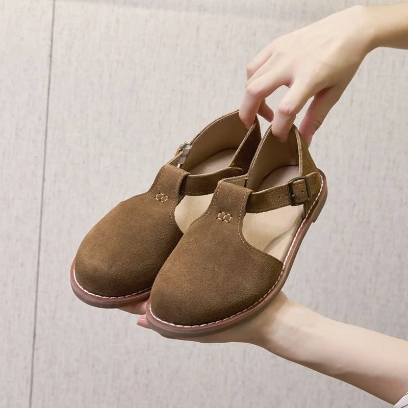 Darcy | Suede T-Bar Cutout Buckle Orthopedic Flats with Rubber Sole