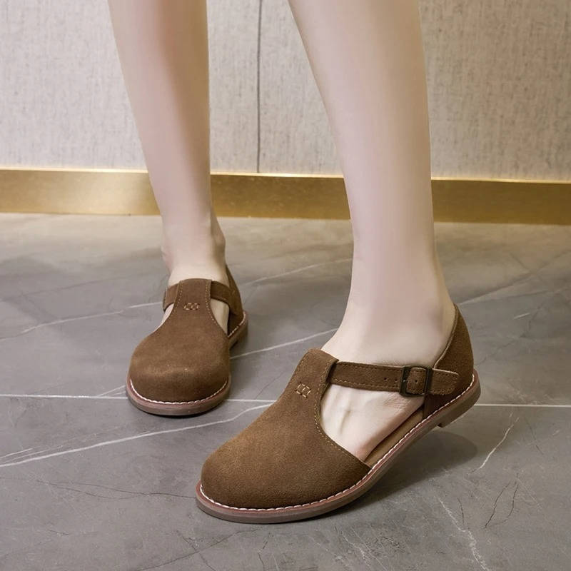 Darcy | Suede T-Bar Cutout Buckle Orthopedic Flats with Rubber Sole